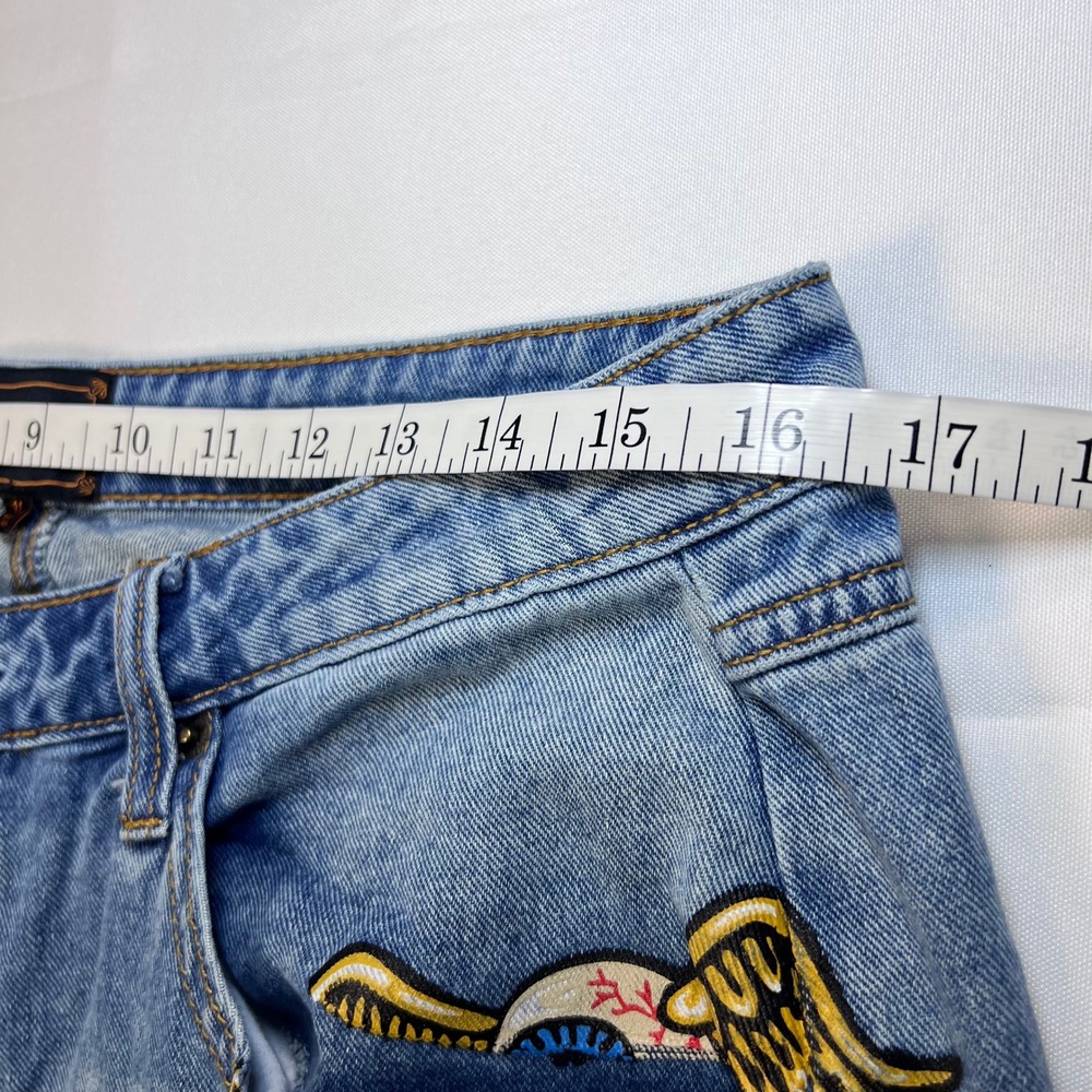 Von Dutch Wide Leg Jeans Womens 13 Blue Medium Wash Y2K Baggy Logo Patch Graphic - Picture 8 of 16